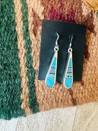 Navajo Sterling Silver & Multi Stone Inlay Dangle Earrings ...