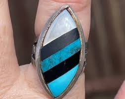 Big Vintage Native American Indian Inlaid Turquoise Black Onyx and Mother of Pearl Sterling Silver Size 8 Southwestern - Etsy
