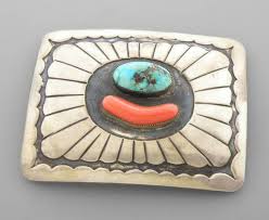 Dine [navajo], Pair Of Belt Buckles: Sandcast Silver Buckle, Ca. 1960 + Silver, Coral & Turquoise
