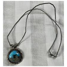 Vintage Native American Turquoise Stamp Work Pendant Liquid Silver . For Sale at Ruby Lane