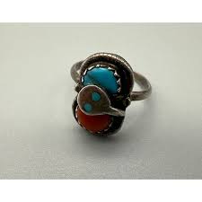 Vintage Effie C Zuni Ring Sterling W/Coral & Turquoise Stones Snake Size 4 Pinky