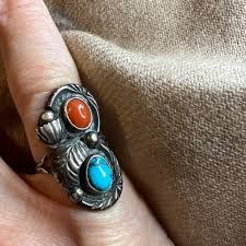 Tom willeto silver coral turquoise Native American ring size 4 1/4