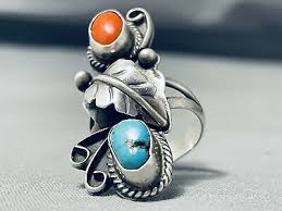 IMPRESSIVE VINTAGE NAVAJO TURQUOISE & CORAL STERLING SILVER RING | eBay