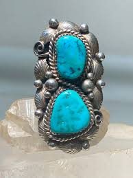 Turquoise ring long Navajo feather leaves sterling silver women – SpiritbeadNW