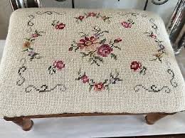 Antique Wood Footstool Ottoman With Embroidered Top Needlepoint Flowers Floral | eBay