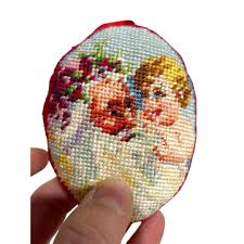 4 VTG Needlepoint Victorian Santas Handmade Needlework Ornament Satin Back