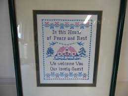 Vintage Cross Stitch Framed Sampler House of Peace & Rest We Welcome Guest print | eBay