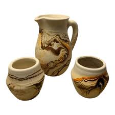 Tea Set Of 3 NEMADJI USA art Pottery Swirl Print Vases VTG ...