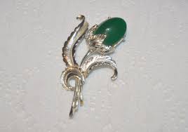 Vintage Silver Tone Floral Green Cabochon Flower Bud Brooch ...