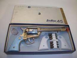 Rare Gold Nichols Stallion 45 Mark II Cap Gun with extra Grips, Shells, and Box | #1880801959