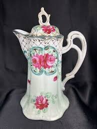 Antique Ornate Handpainted Chocolate Pot Pink Roses Flowers Green Gold Trim 9.5” | eBay