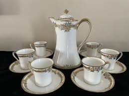 ANTIQUE NIPPON JEWELED CHOCOLATE POT ,6 CUPS & SAUCER HAND ...