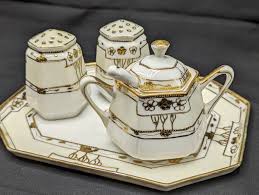 Nippon Condiment Set Salt & Pepper Shakers Mustard Jar w Underplate Hand Painted | eBay