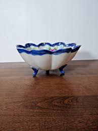 BEAUTIFUL HAND PAINTED COBALT ENAMEL FLORAL THREE FOOTED ...