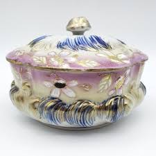 Cuenco vintage cubierto con diseño floral dorado, azul y rosa, caja para dulces, polvera, tocador de porcelana japonesa Tashiro, decoración ornamentada - Etsy México