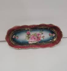Antique Leuchtenburg Porcelain Burgundy Celery Dish w Pink ...