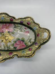 Antique Nippon Heavy Gold Relief Oval Bowl Hand Painted Pink ...