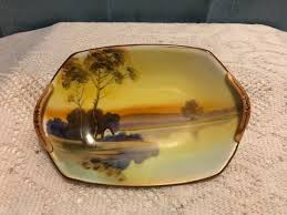 Vintage Nippon Japanese Porcelain 2-Handled 6.7" Dish w/ Hand Painted Lake Scene | eBay