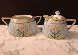 Antique Nippon ceramic cream & sugar hand painted blue, flowers raised gold trim | eBay