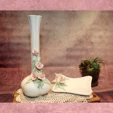Vintage Ceramic Pink Roses Floral Tall Vase & Soap Dish ...