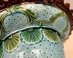 Rare Large Antique Majolica Barbotine Vintage Jardiniere Hanging on Chains. Shells Leaves Aqua Blue Green Brown - Some Chips - Etsy