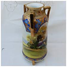 Hand Painted Nippon Morimura Landscape Scene & Beaded Vase. For Sale at Ruby Lane