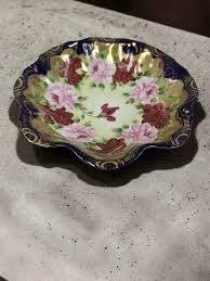 Cobalt Porcelain Hand Painted Gold Floral Scalloped Edge Dish or Bowl Vintage | eBay