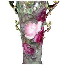Beautiful 13" Porcelain Vase Hand-Painted Roses. For Sale at Ruby Lane