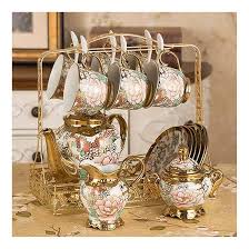 Amazon.com: 16 Sets of European Tea Set, Coffee Cup, Creative White Gold Flower Cup Teapot with Metal Holder, Ceramic Bone China Tray Afternoon Tea Party, Tea Set Gift (D) : Home &