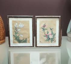 Vtg Japanese Floral Original Watercolor Paintings Set of 2 Artist Stamped