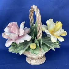 Capodimonte Flower Basket of Yellow & Pink Roses ITALY ...