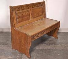 Sold at Auction: BENCH - Church pew style oak with raised panel back rest, solid panel sides and lift seat to reveal interior storage. Condition good...