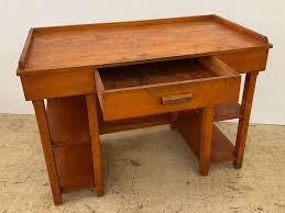 Wooden School Type Desk with Storage Shelves... stains on ...