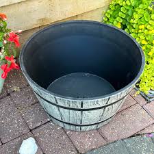 Wood Effect Barrel Planter Grey Plastic Round Large Garden Outdoor Pot Container | eBay