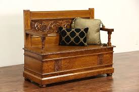 Carved Oak 1890's Antique Hall Bench, Lift Seat Storage