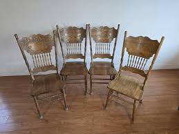Vintage Solid Oak Carved Pressed Back Dining Chairs, Set of ...