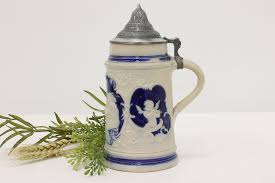 German Antique Farmhouse Painted Ceramic Beer Stein, Cherubs
