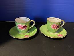 Shofu Occupied Japan 2 Vintage 2 1/8" Demitasse Cup & Saucers Green W/Floral