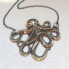 Octopus Necklace Steampunk Pirate, Antique Gold Large Brass Charm, Nautical, Beaded Green & Gold Beads - Etsy