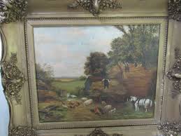 ANTIQUE 19 c OIL PAINTING ON CANVAS AT FARM SCENE SIGNED AND ...