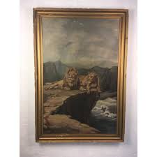 largeVintage Oil Painting of Lions | Chairish