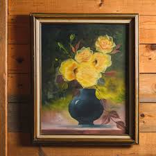 Vintage MCM Oil Painting Art Floral Still Life Yellow Roses ...