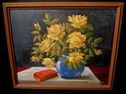 VINTAGE OIL PAINTING ON BOARD YELLOW ROSES FLOWERS STILL ...