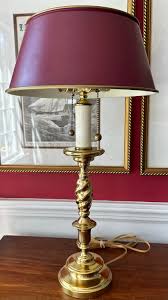 Vintage Brass Table Lamp: Burgundy Red Tole Shade, Mid ...