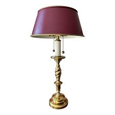 Classic Brass Table Lamp With Red Tole Shade | Chairish