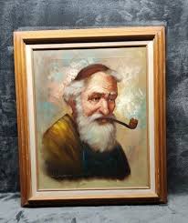 VTG Signed Benson Old Man Portrait Smoking Pipe Oil ...