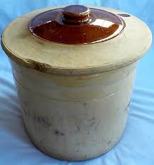 19th CENTURY ANTIQUE BEIGE GLAZED CERAMIC CROCK WITH COVER ...