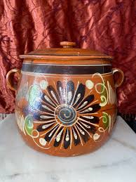 Vintage Tlaquepaque Mexican Redware Bean Pot with Lid Hand Made & Painted 11.5" | eBay