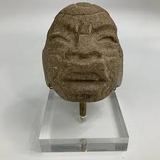 Carved Stone Head, (possibly Aztec) Mounted On Base