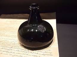 8" Black Glass Blown Onion Wine Bottle Green
